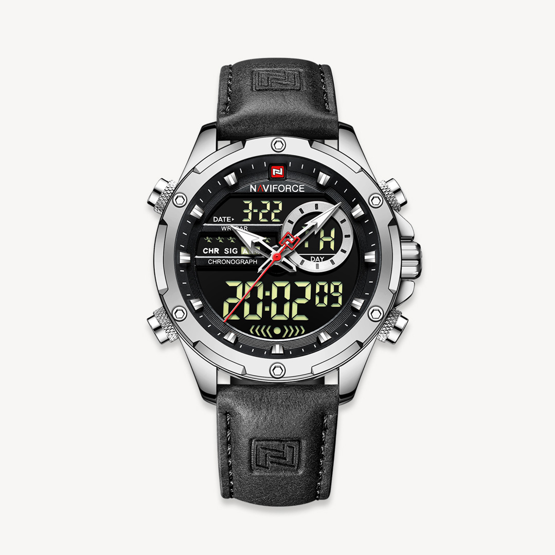 Picture of NAVIFORCE NF9208 Black PU Leather Dual Time Watch For Men - Silver & Black