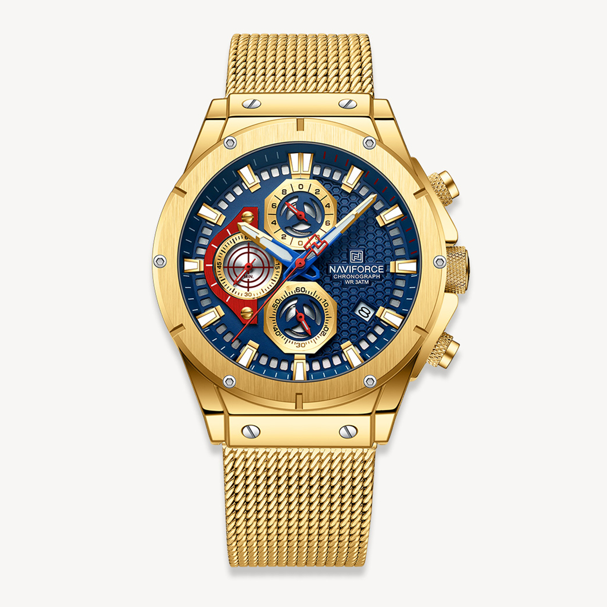 Picture of NAVIFORCE NF8027M Golden Mesh Stainless Steel Chronograph Watch For Men - Golden & RoyalBlue