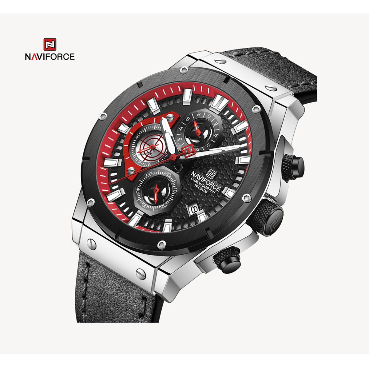Picture of NAVIFORCE NF8027 Black PU Leather Chronograph Watch For Men - Red & Black