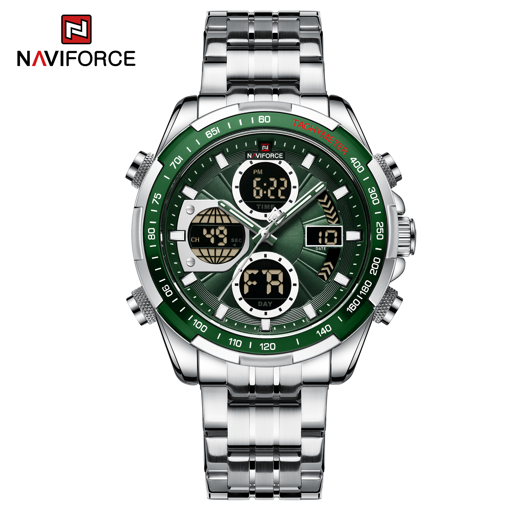 Picture of NAVIFORCE NF9197 Silver Stainless Steel Dual Time Watch For Men - Green & Silver