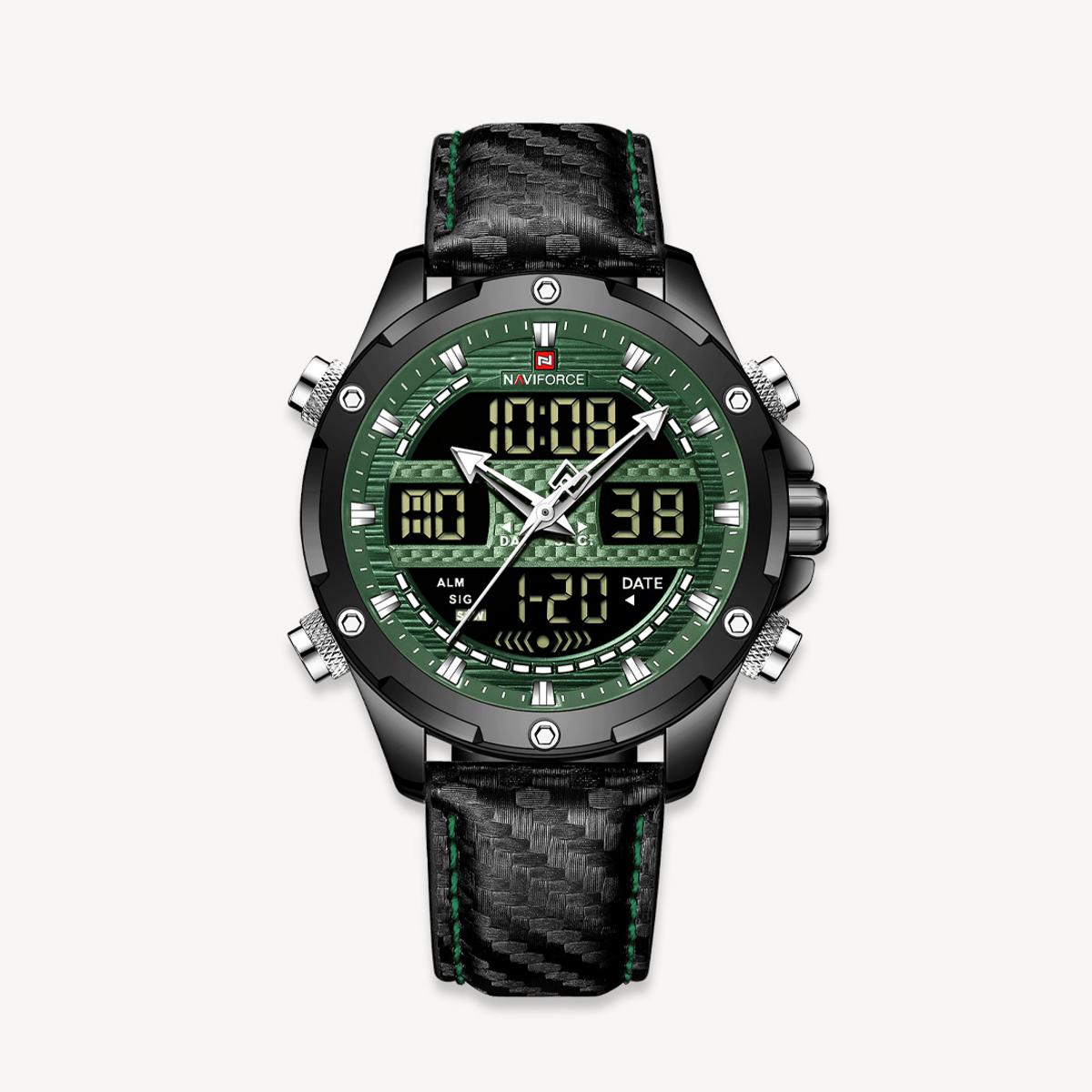 Picture of NAVIFORCE NF9194 Black PU Leather Dual Time Watch For Men - Green & Black
