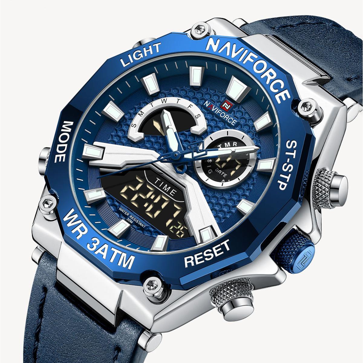 Picture of NAVIFORCE NF9220 Navy Blue PU Leather Dual Time Watch For Men - Silver & Navy Blue