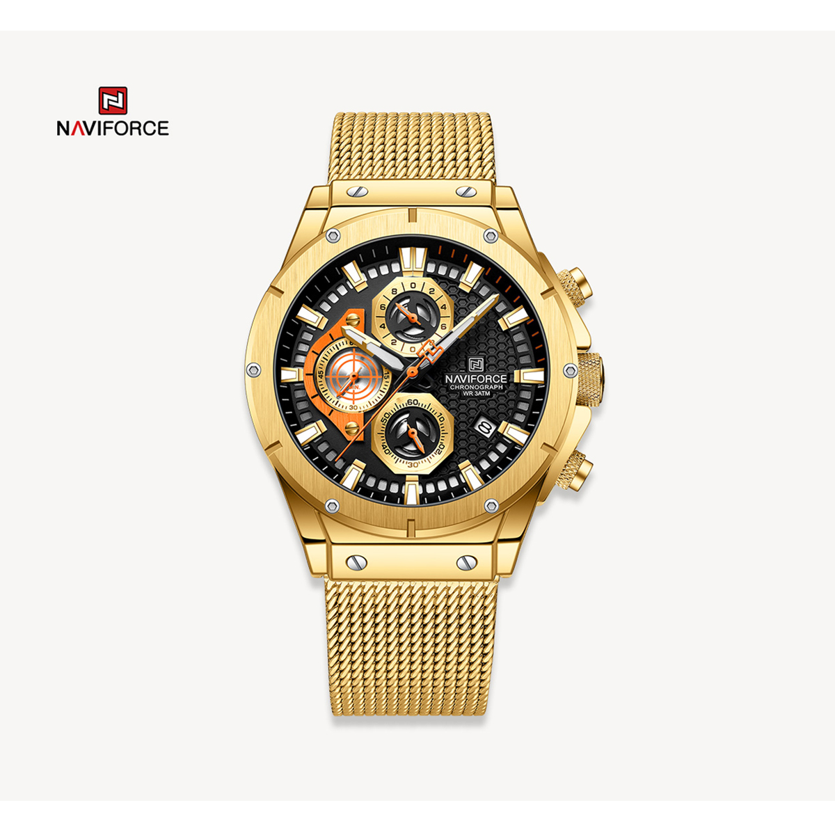 Picture of NAVIFORCE NF8027M Golden Mesh Stainless Steel Chronograph Watch For Men - Golden & Black