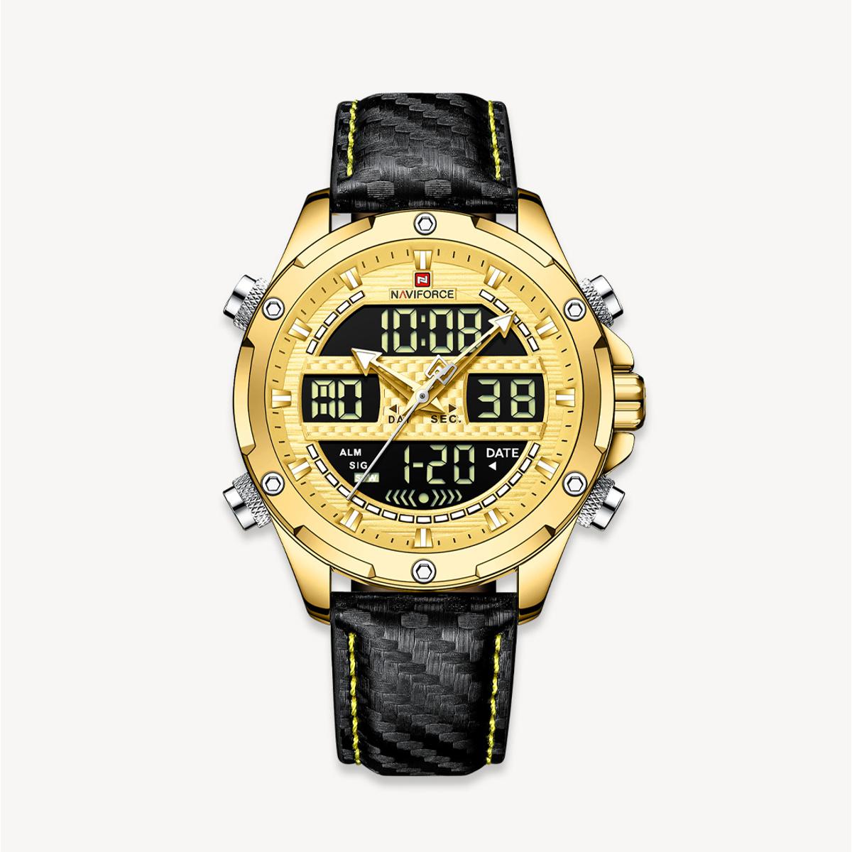 Picture of NAVIFORCE NF9194 Black PU Leather Dual Time Watch For Men - Golden & Black