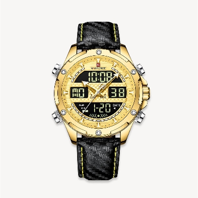 Picture of NAVIFORCE NF9194 Black PU Leather Dual Time Watch For Men - Golden & Black