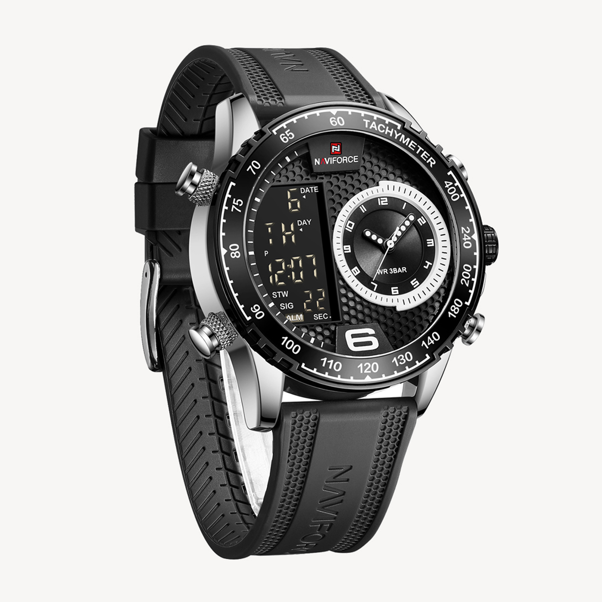 Picture of NAVIFORCE NF9199 Black TPU Leather Dual Time Watch For Men - Silver & Black