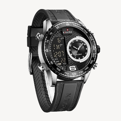 Picture of NAVIFORCE NF9199 Black TPU Leather Dual Time Watch For Men - Silver & Black