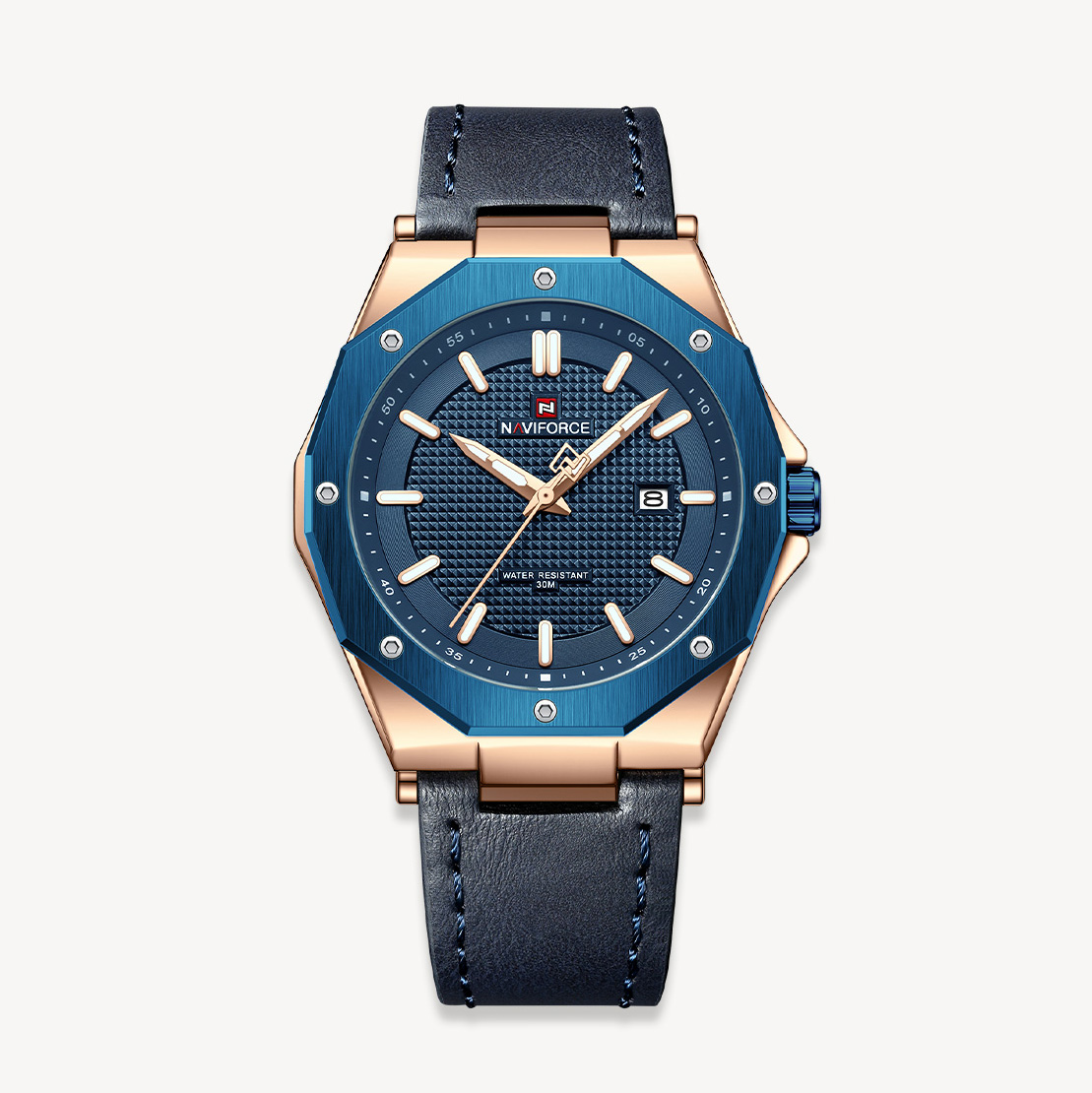 Picture of NAVIFORCE NF9200L Navy Blue PU Leather Analog Watch For Men - RoseGold & Navy Blue