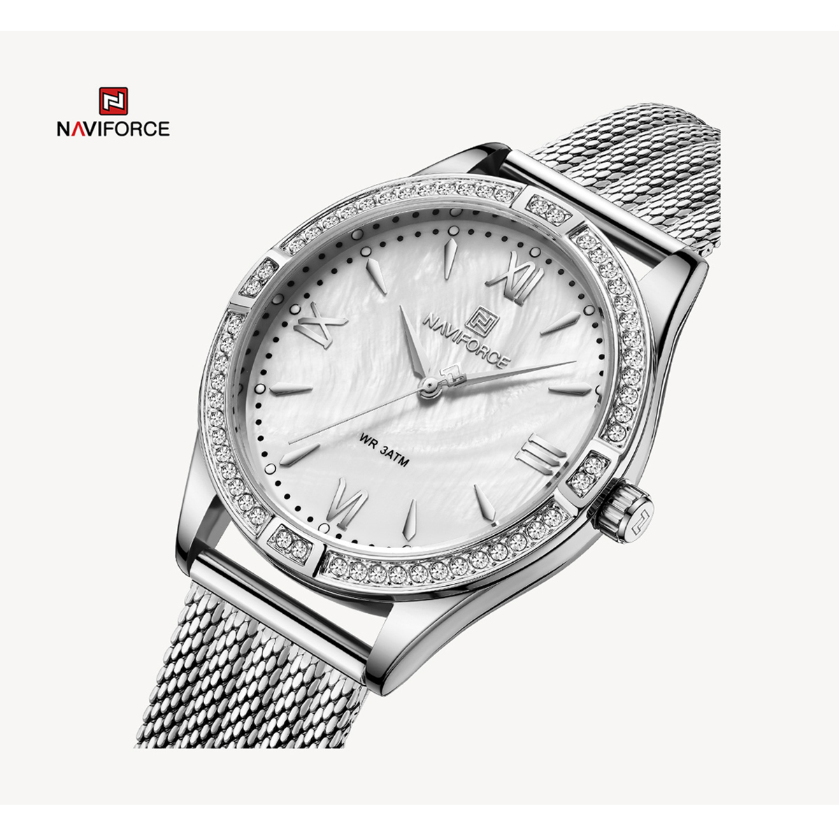 Picture of NAVIFORCE NF5028 Silver Mesh Stainless Steel Analog Watch For Women - White & Silver