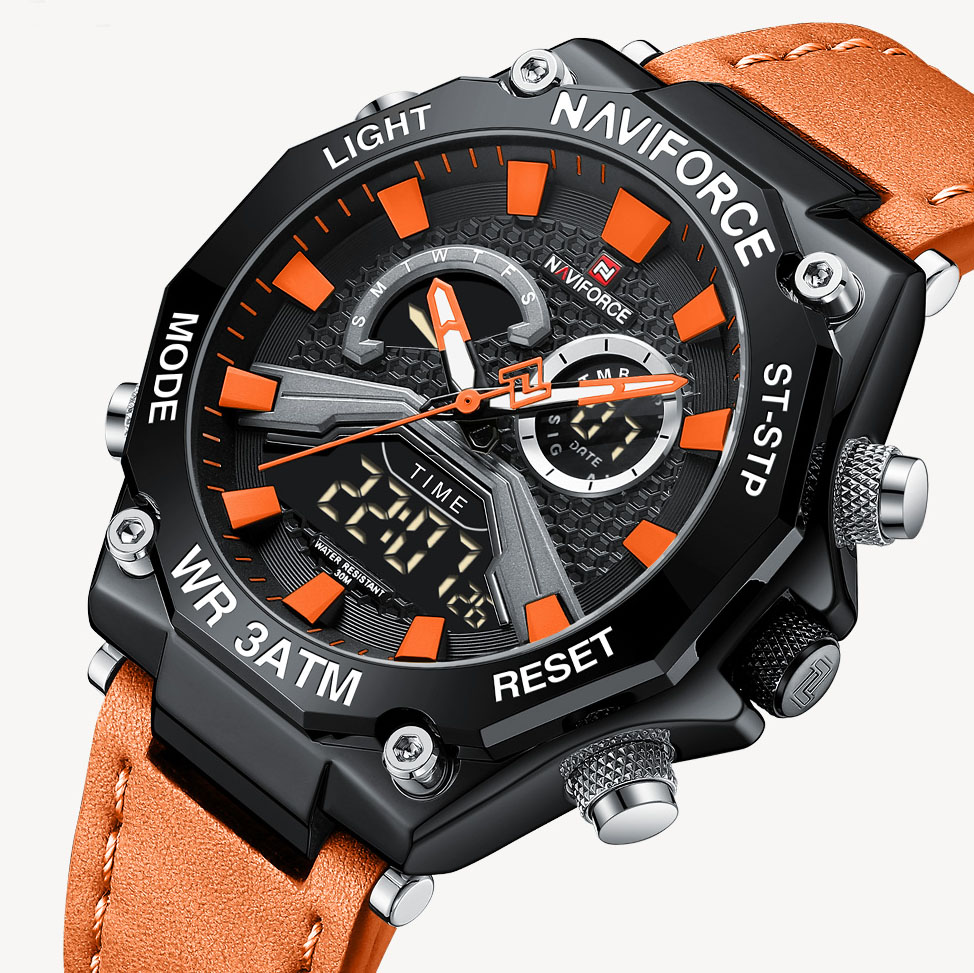 Picture of NAVIFORCE NF9220 Orange PU Leather Dual Time Watch For Men - Black & Orange
