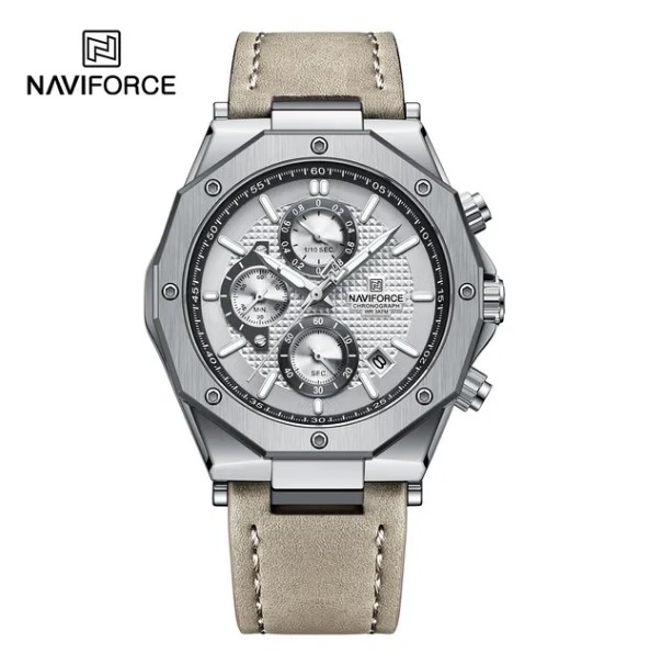 Picture of NAVIFORCE NF8028L Light Gray PU Leather Chronograph Watch For Men - Silver & Light Gray