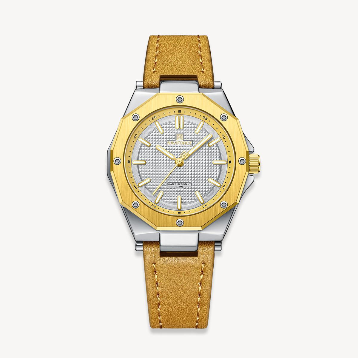 Picture of NAVIFORCE NF5026 Brown PU Leather Analog Watch For Women - Golden & Brown