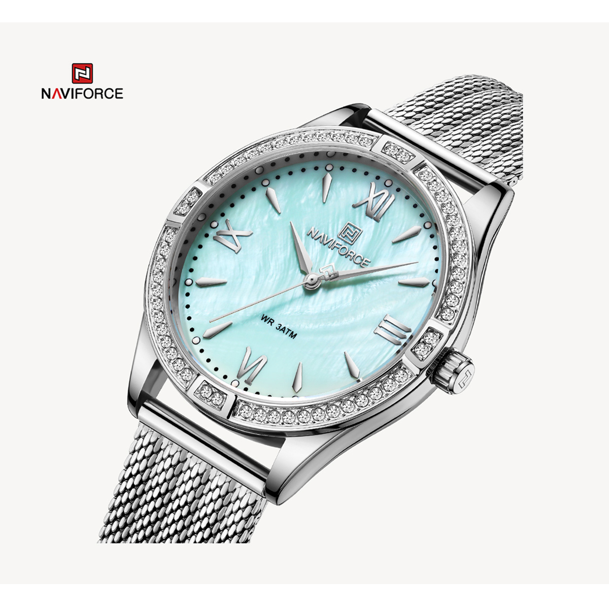 Picture of NAVIFORCE NF5028 Silver Mesh Stainless Steel Analog Watch For Women - Sky Blue & Silver