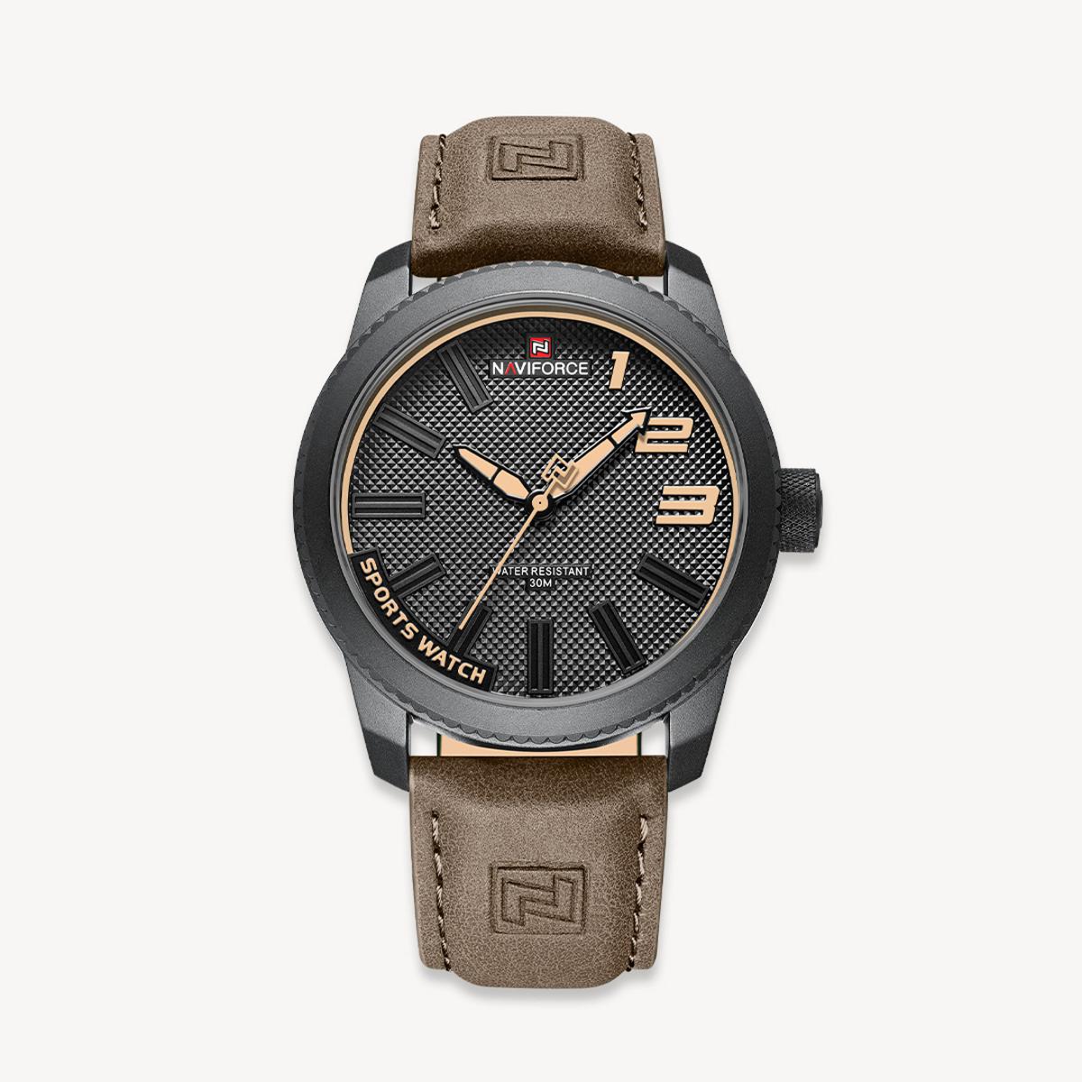 Picture of NAVIFORCE NF9202 Chocolate PU Leather Analog Watch For Men - Black & Chocolate