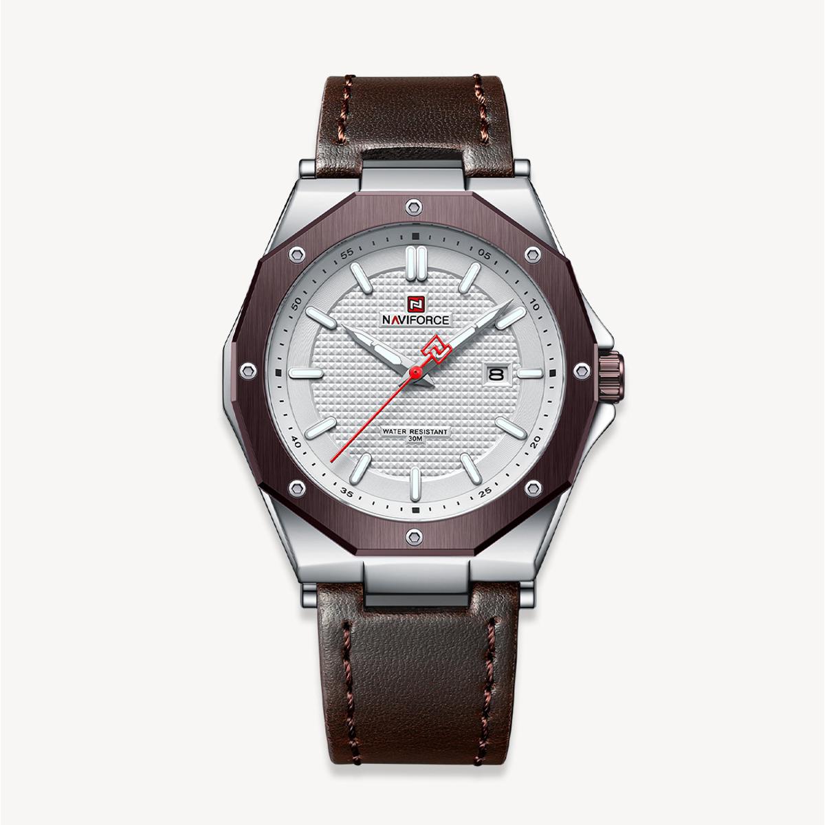 Picture of NAVIFORCE NF9200 Chocolate PU Leather Analog Watch For Men - Silver & Chocolate