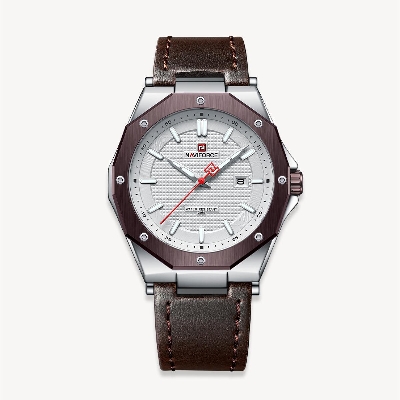 Picture of NAVIFORCE NF9200 Chocolate PU Leather Analog Watch For Men - Silver & Chocolate