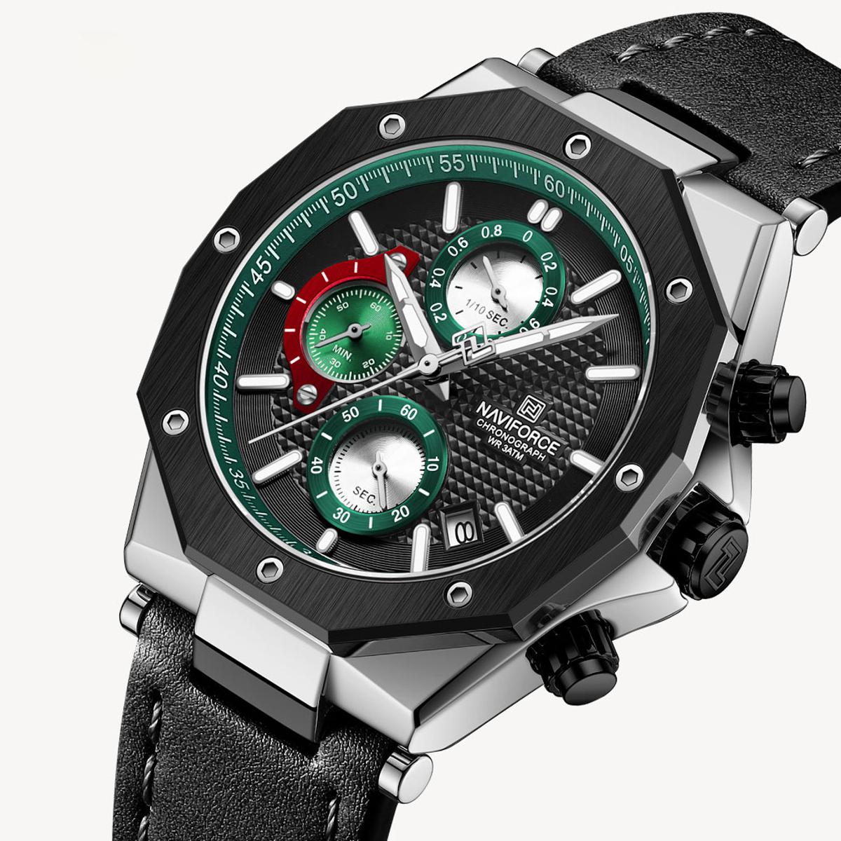 Picture of NAVIFORCE NF8028 Black PU Leather Chronograph Watch For Men - Silver & Black