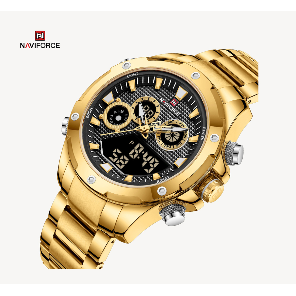 Picture of NAVIFORCE NF9217 Golden Stainless Steel Dual Time Watch For Men - Black & Golden
