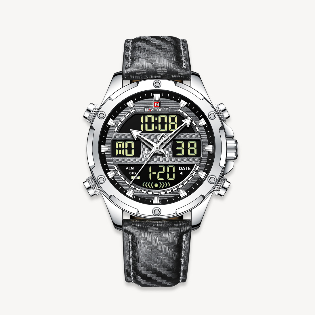 Picture of NAVIFORCE NF9194L Gray PU Leather Dual Time Watch For Men - Silver & Gray