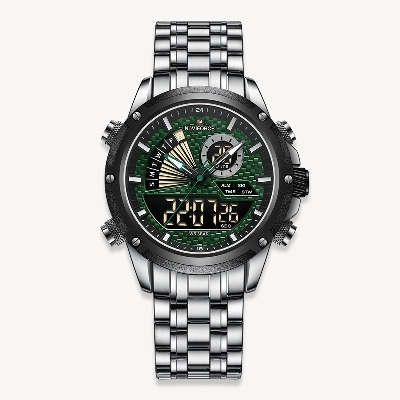 Picture of NAVIFORCE NF9205 Silver Stainless Steel Dual Time Watch For Men - Green & Silver