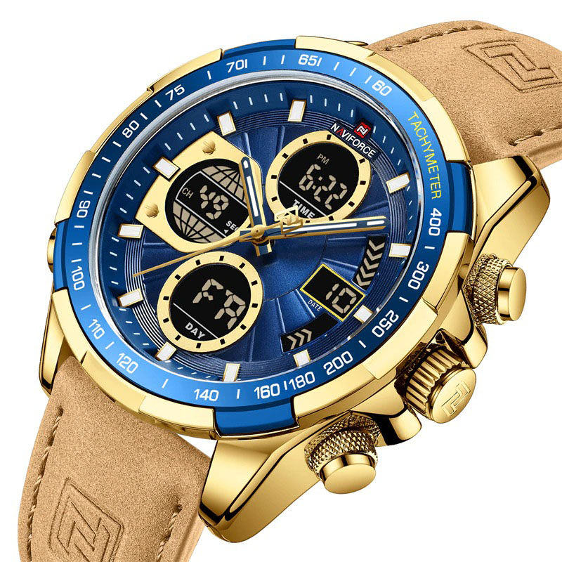 Picture of NAVIFORCE NF9197 Brown PU Leather Dual Time Watch For Men - Golden & Brown