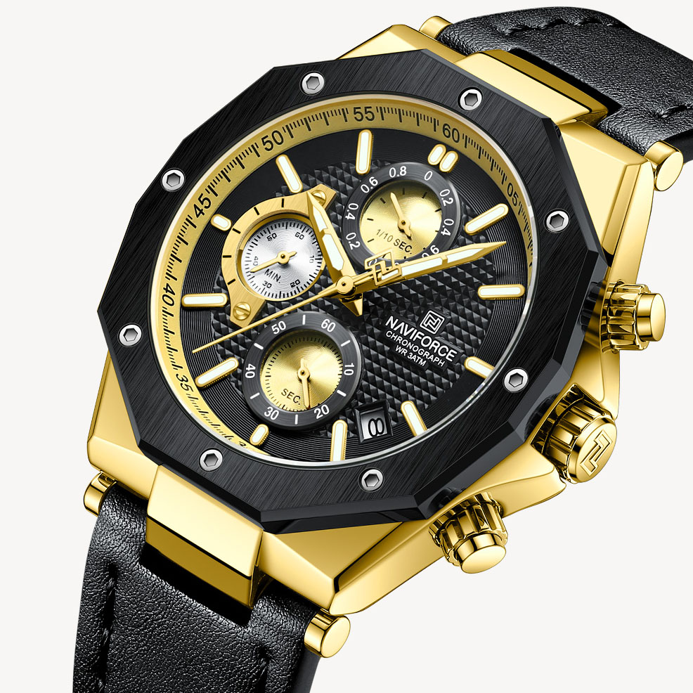 Picture of NAVIFORCE NF8028 Black PU Leather Chronograph Watch For Men - Golden & Black