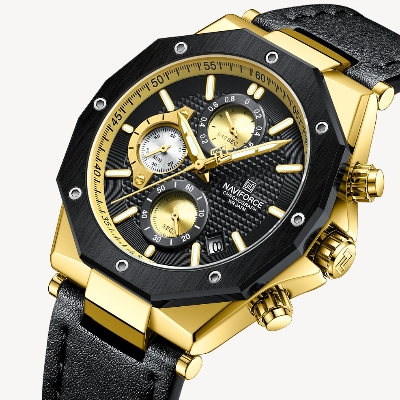 Picture of NAVIFORCE NF8028 Black PU Leather Chronograph Watch For Men - Golden & Black