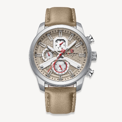 Picture of NAVIFORCE NF9211L Cream PU Leather Chronograph Watch For Men - Silver & Cream