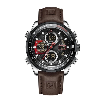 Picture of NAVIFORCE NF9197 Chocolate PU Leather Dual Time Watch For Men - Silver & Chocolate