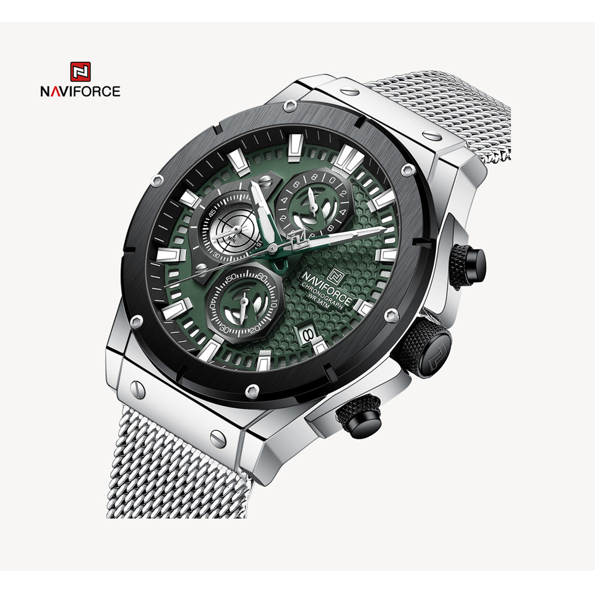 Picture of NAVIFORCE NF8027M Silver Mesh Stainless Steel Chronograph Watch For Men - Silver & Green