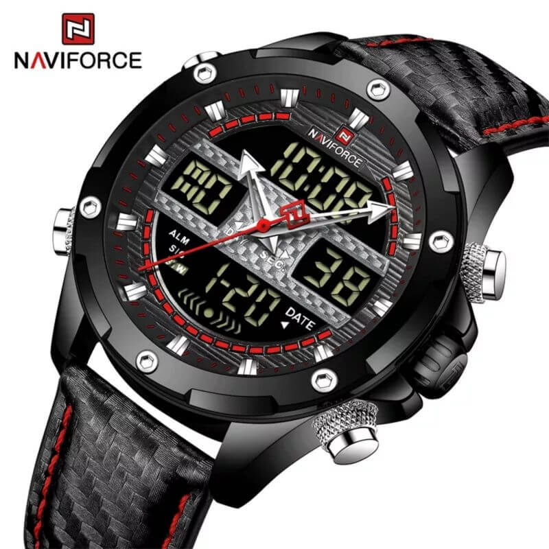 Picture of NAVIFORCE NF9194 Black PU Leather Dual Time Watch For Men - Red & Black