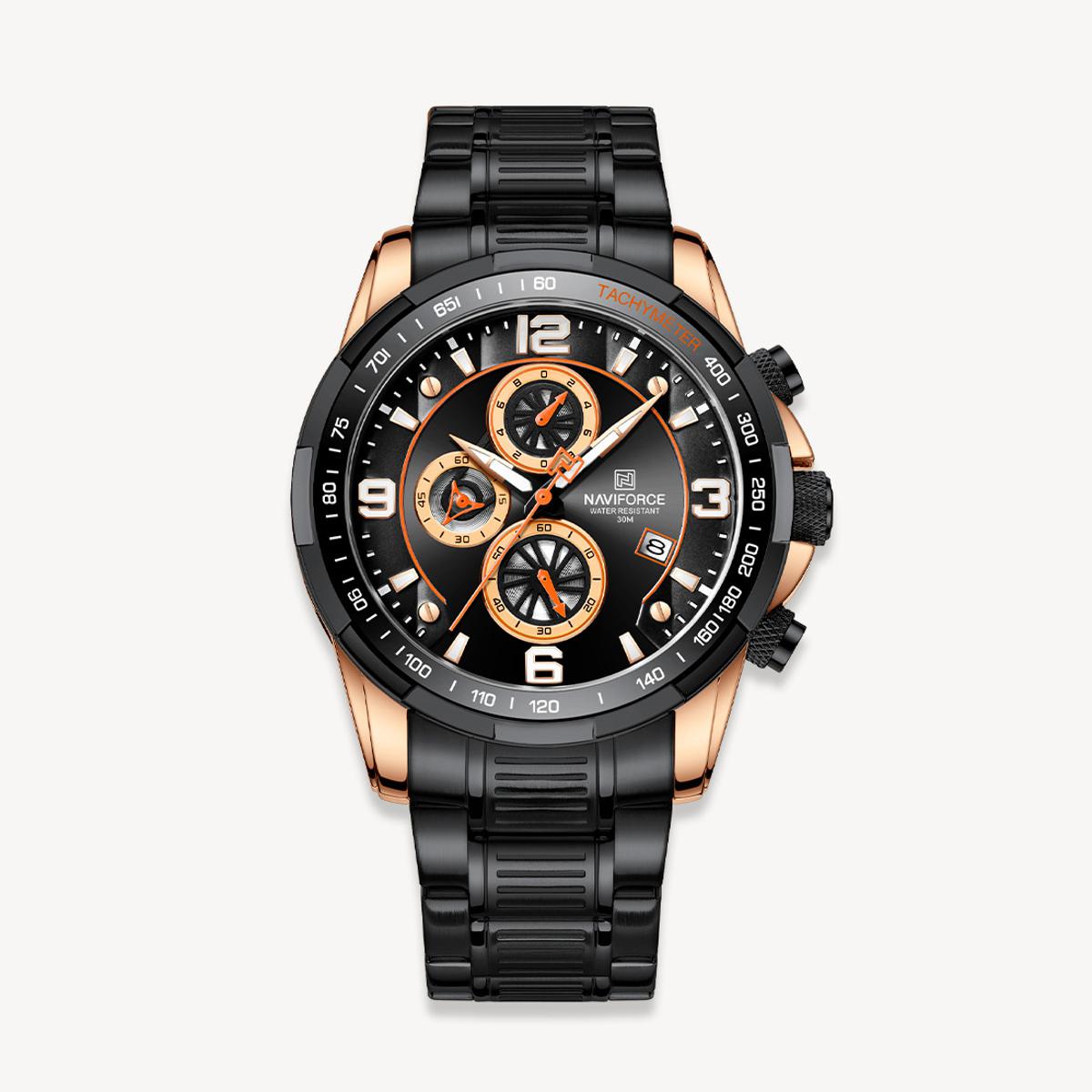 Picture of NAVIFORCE NF8020 Black Stainless Steel Chronograph Watch For Men - RoseGold & Black