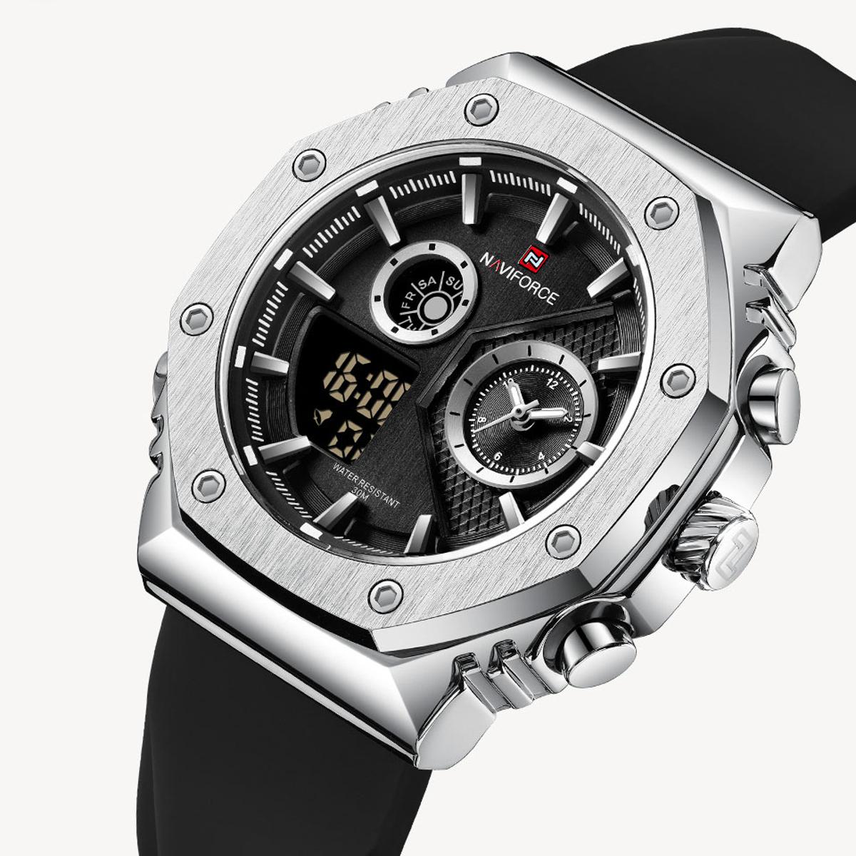 Picture of NAVIFORCE NF9216 Black TPU Silicone Strap Dual Time Watch For Men - Silver & Black
