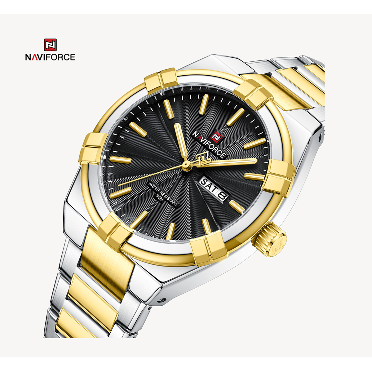 Picture of NAVIFORCE NF9218 Silver And Golden Two-tone Stainless Steel Analog Watch For Men - Black & Golden