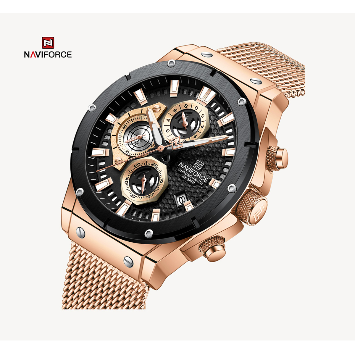 Picture of NAVIFORCE NF8027M RoseGold Mesh Stainless Steel Chronograph Watch For Men - RoseGold & Black