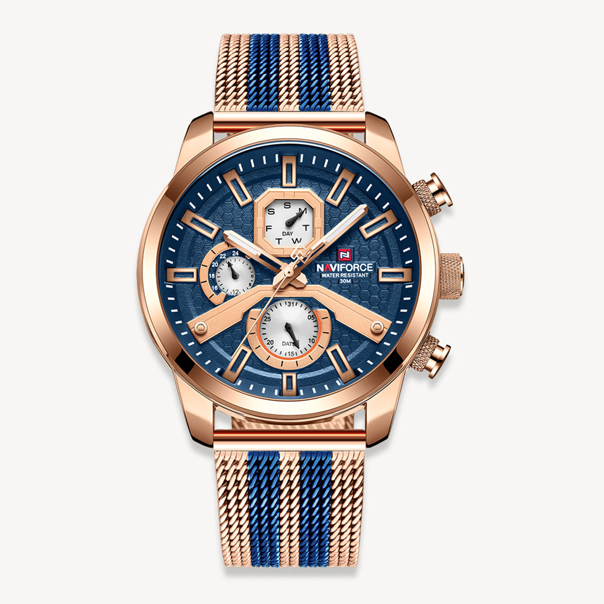 Picture of NAVIFORCE NF9211G RoseGold And Royal Blue Two-tone Mesh Stainless Steel Chronograph Watch For Men - RoseGold & RoyalBlue