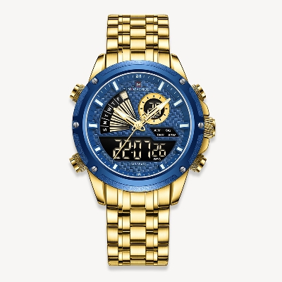 Picture of NAVIFORCE NF9205 Golden Stainless Steel Dual Time Watch For Men - Royal Blue & Golden