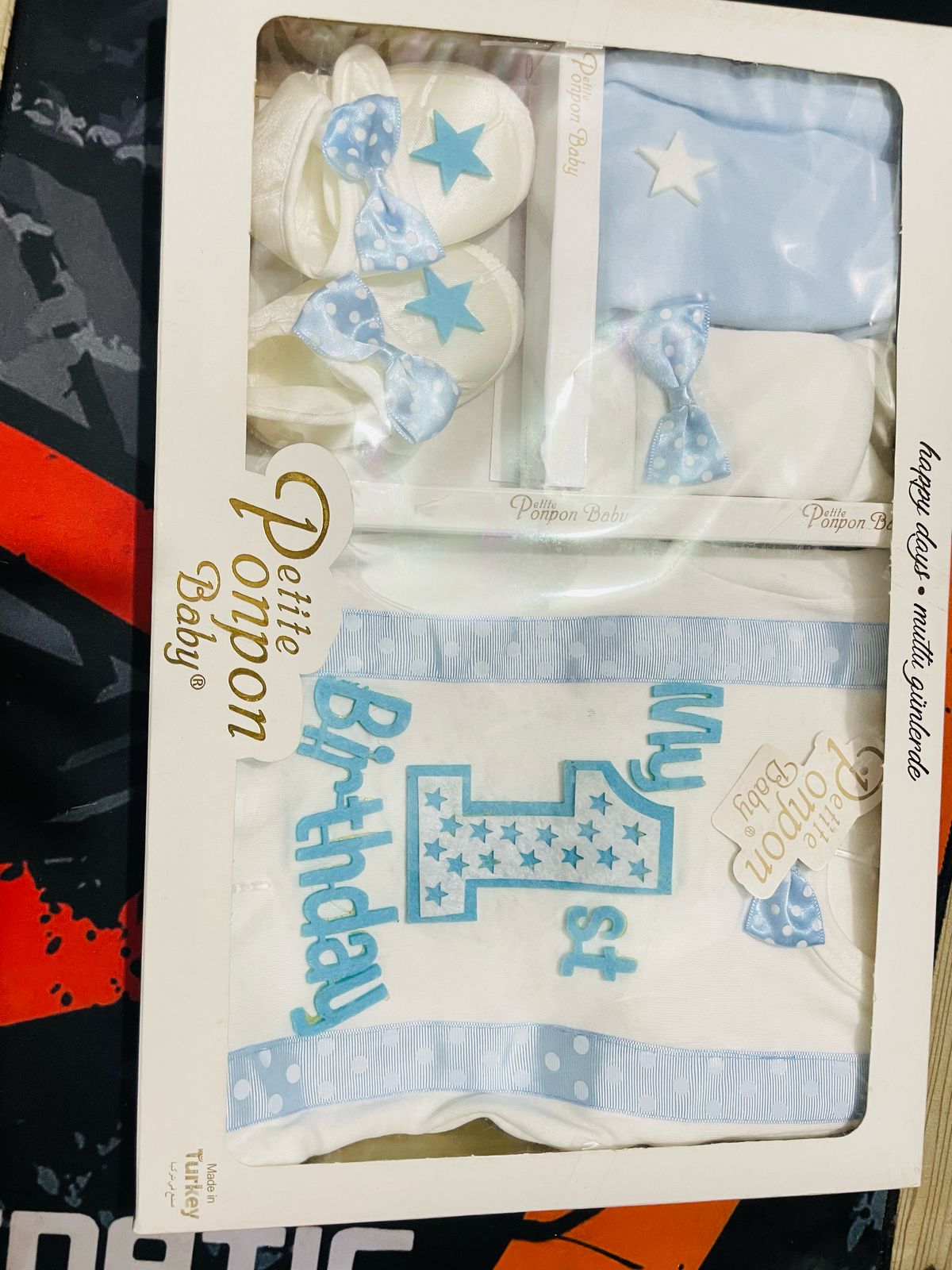 Picture of My 1st Birthday” Baby Gift Set – Blue & White Outfit & Accessories for Boys, (Turkey)