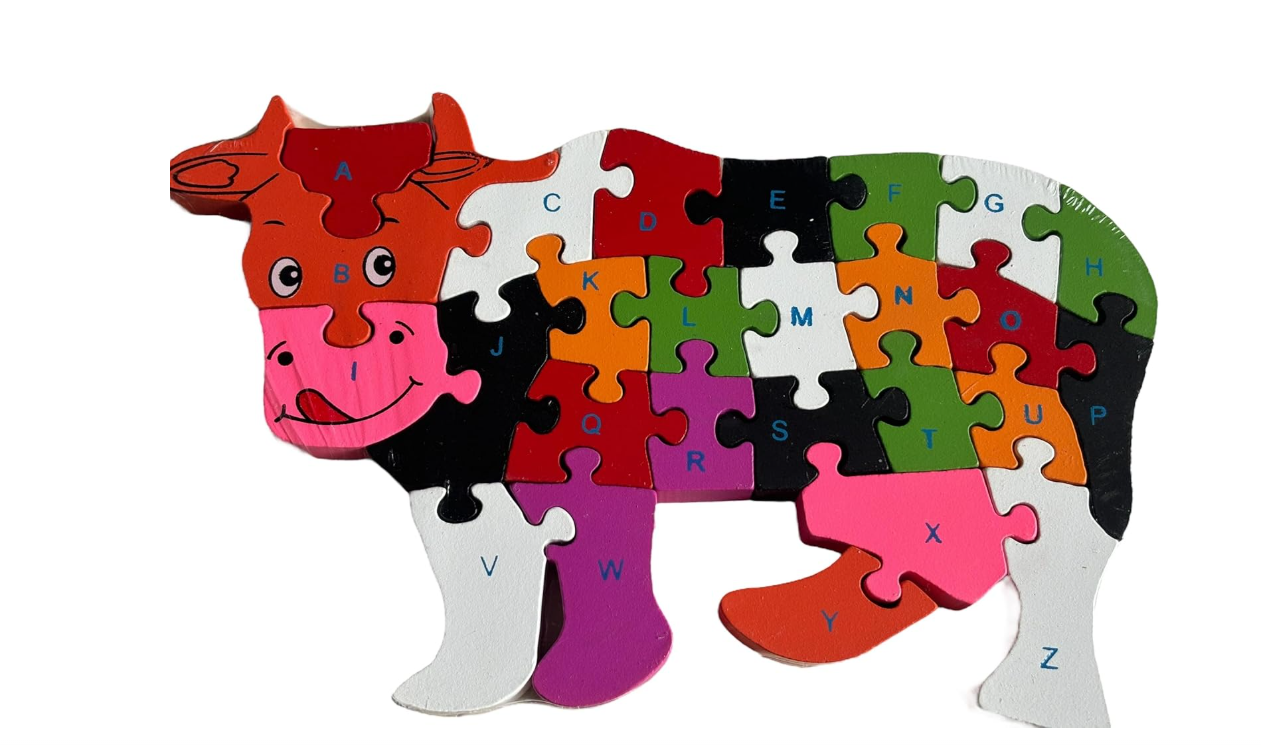 Picture of Comfort Traders Cow Puzzle - Wooden Multicolor Cow Puzzle with Alphabets and Numbers Educational Learning Toy Cow Shape Puzzle for Kids/Childrens