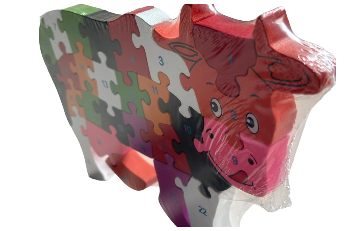 Picture of Comfort Traders Cow Puzzle - Wooden Multicolor Cow Puzzle with Alphabets and Numbers Educational Learning Toy Cow Shape Puzzle for Kids/Childrens
