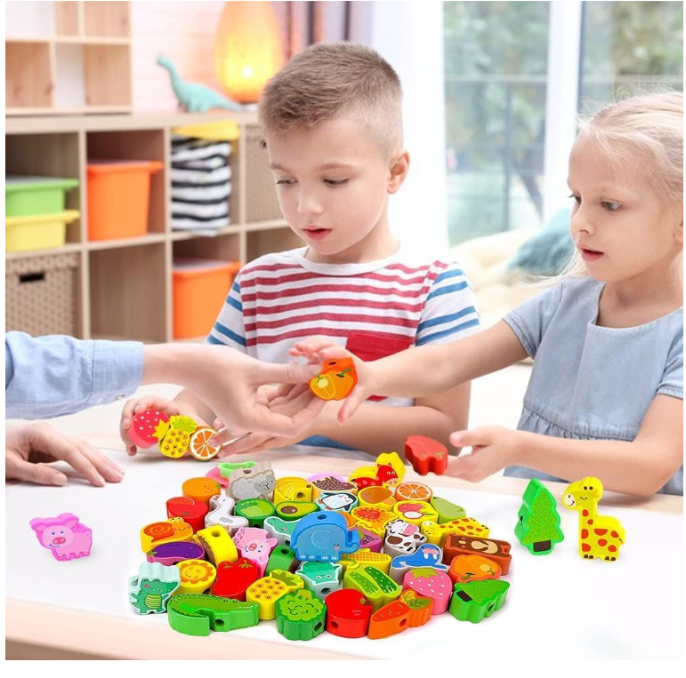 Picture of 50pcs baby wooden diy toy stringing threading wooden beads toy