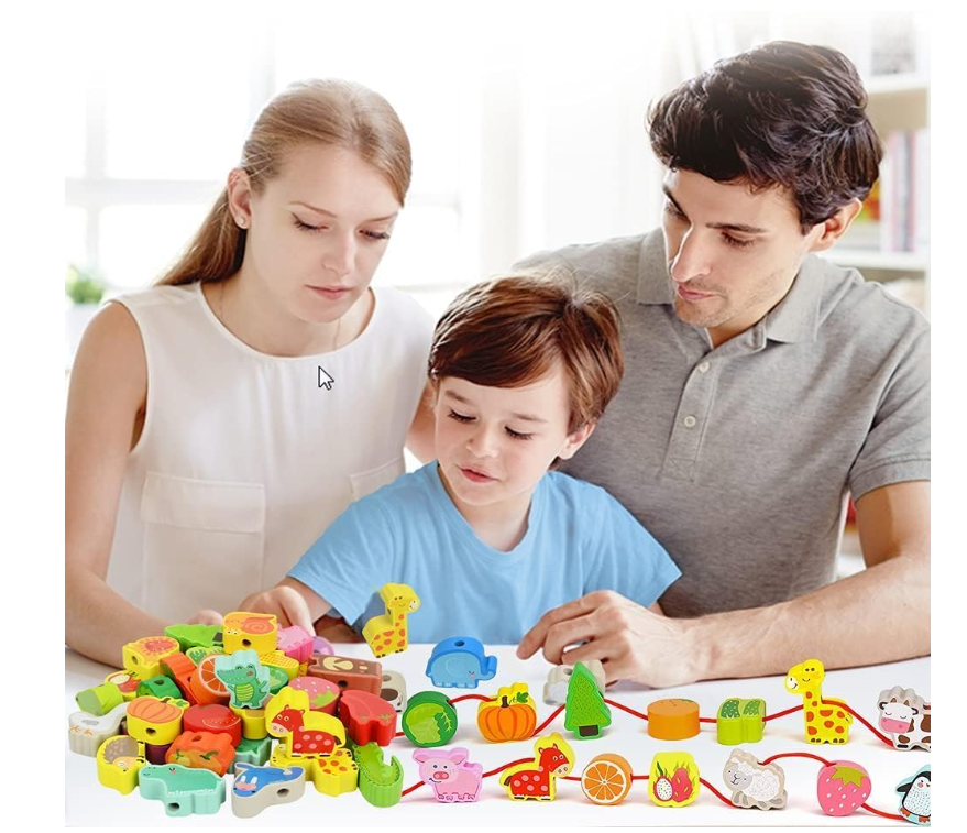 Picture of 50pcs baby wooden diy toy stringing threading wooden beads toy