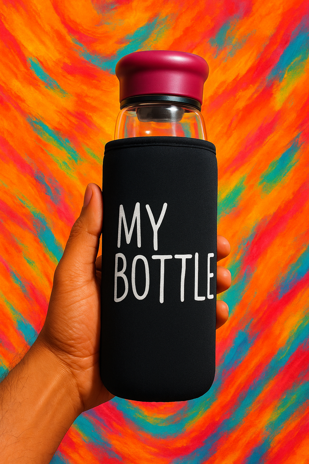Picture of MY BOTTLE" Glass Bottle with Metallic Cap and Bag Cover - -550ml