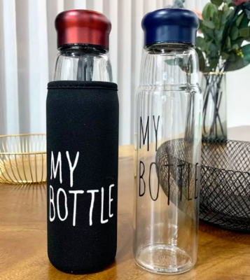 Picture of MY BOTTLE" Glass Bottle with Metallic Cap and Bag Cover - -550ml