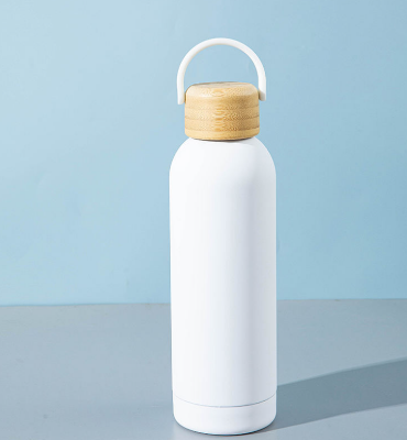 Picture of White Stainless Steel Vacuum Flask –500ML Soft Touch Sport Thermos Bottle with Bamboo Handle Cap