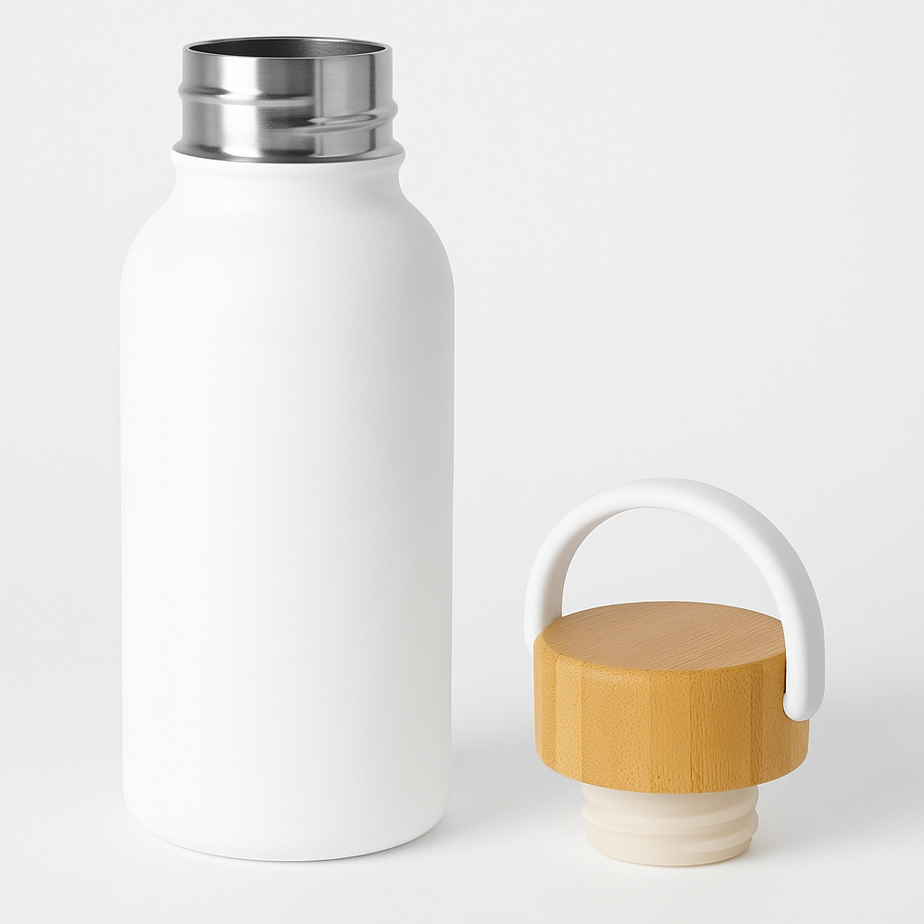 Picture of White Stainless Steel Vacuum Flask –500ML Soft Touch Sport Thermos Bottle with Bamboo Handle Cap
