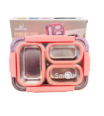 Picture of Food Eat 3 Compartment Stainless Steel Lunch Box with Plastic Cutlery Inside, Heating & Water Insulation Design Use for Office, School & Travelling, 710 Ml - Blue (Pink)