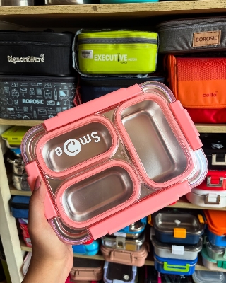 Picture of Food Eat 3 Compartment Stainless Steel Lunch Box with Plastic Cutlery Inside, Heating & Water Insulation Design Use for Office, School & Travelling, 710 Ml - Blue (Pink)