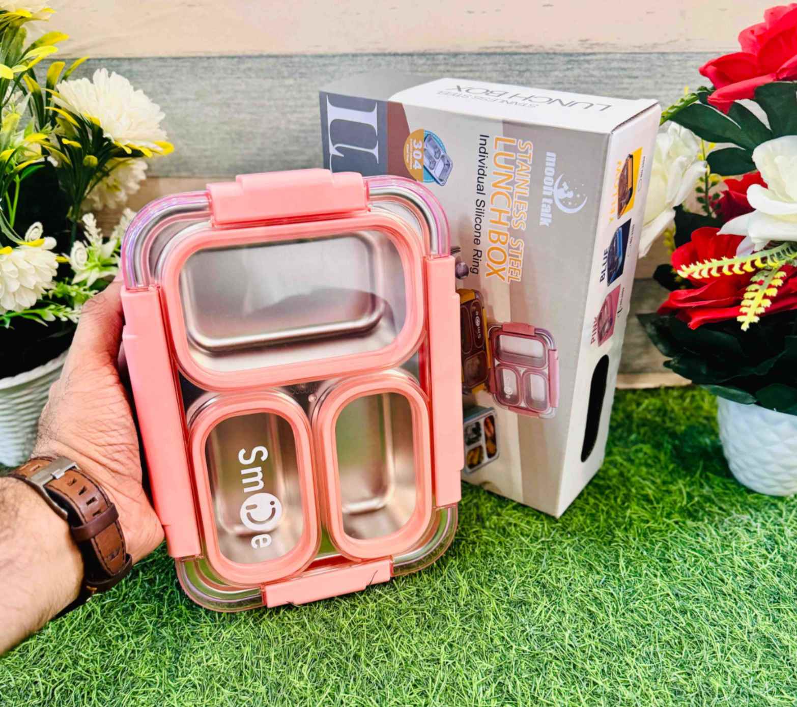 Picture of Food Eat 3 Compartment Stainless Steel Lunch Box with Plastic Cutlery Inside, Heating & Water Insulation Design Use for Office, School & Travelling, 710 Ml - Blue (Pink)