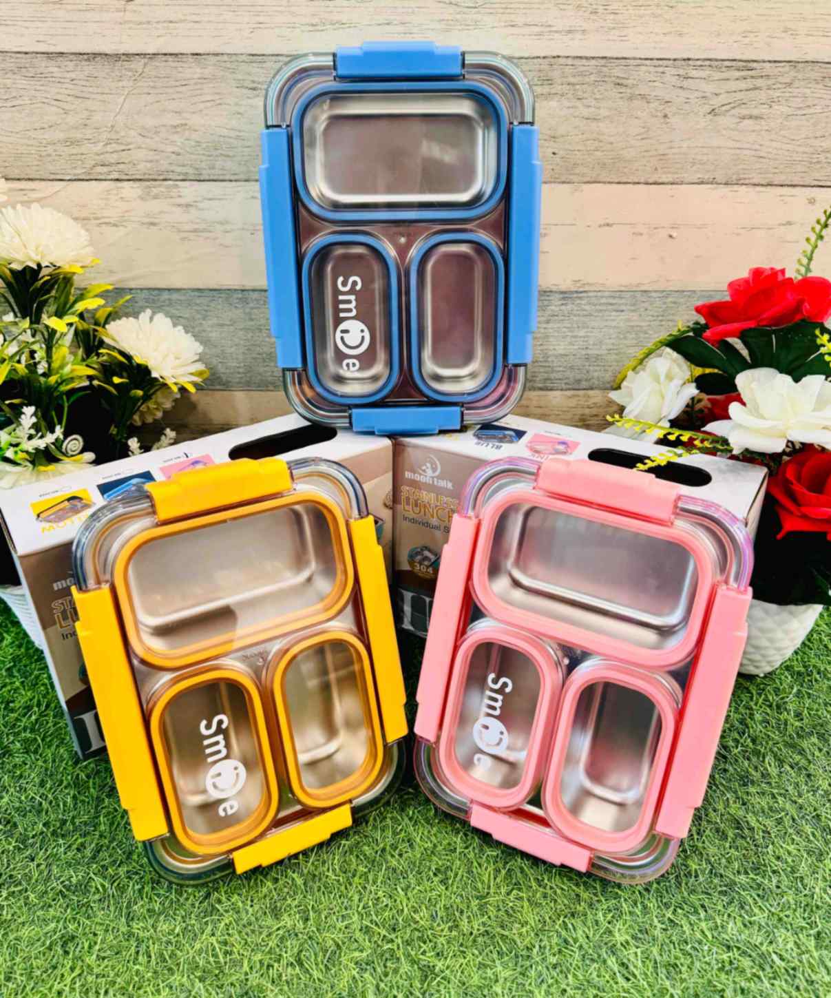 Picture of Food Eat 3 Compartment Stainless Steel Lunch Box with Plastic Cutlery Inside, Heating & Water Insulation Design Use for Office, School & Travelling, 710 Ml - Blue (Pink)